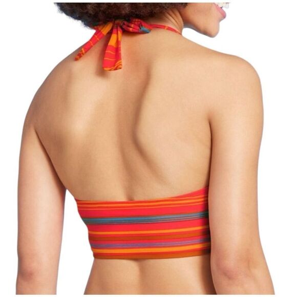 NEW Wild Fable Drawstring Ruched Halter Longline Red Striped Bikini Top S - Picture 2 of 6